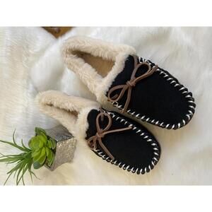 J.Crew Women's Black Faux Fur Line Moccasin Slippers Size 6